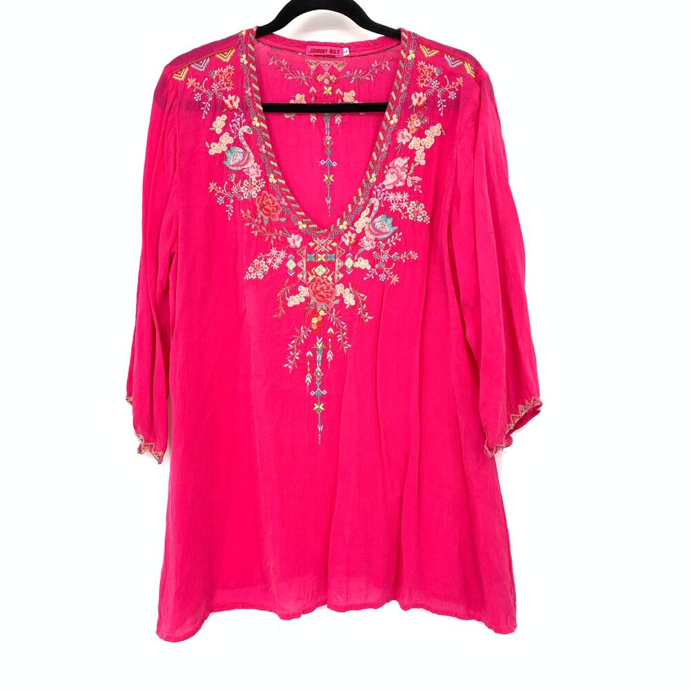 Johnny Was V-Neck Embroidered Blouse Womens Size Large Hot Pink Cupro Rayon